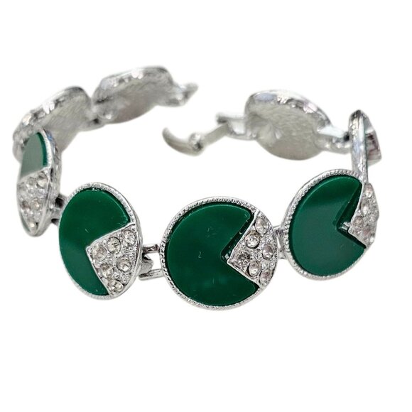 Silver Tone Clear Rhinestones Green Inlay Vintage 1940s-1950s Link Bracelet - Picture 1 of 7